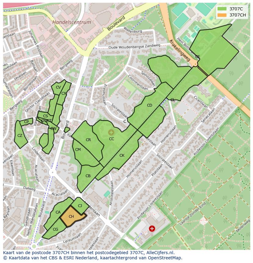 Afbeelding van het postcodegebied 3707 CH op de kaart.