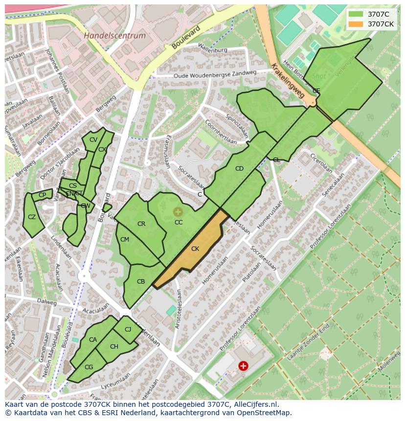Afbeelding van het postcodegebied 3707 CK op de kaart.