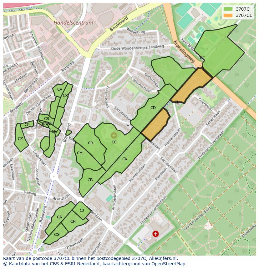 Afbeelding van het postcodegebied 3707 CL op de kaart.
