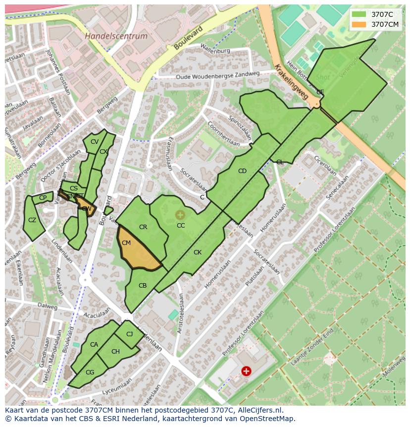 Afbeelding van het postcodegebied 3707 CM op de kaart.