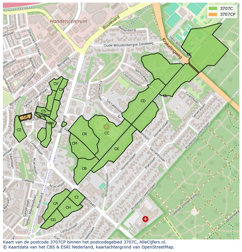 Afbeelding van het postcodegebied 3707 CP op de kaart.