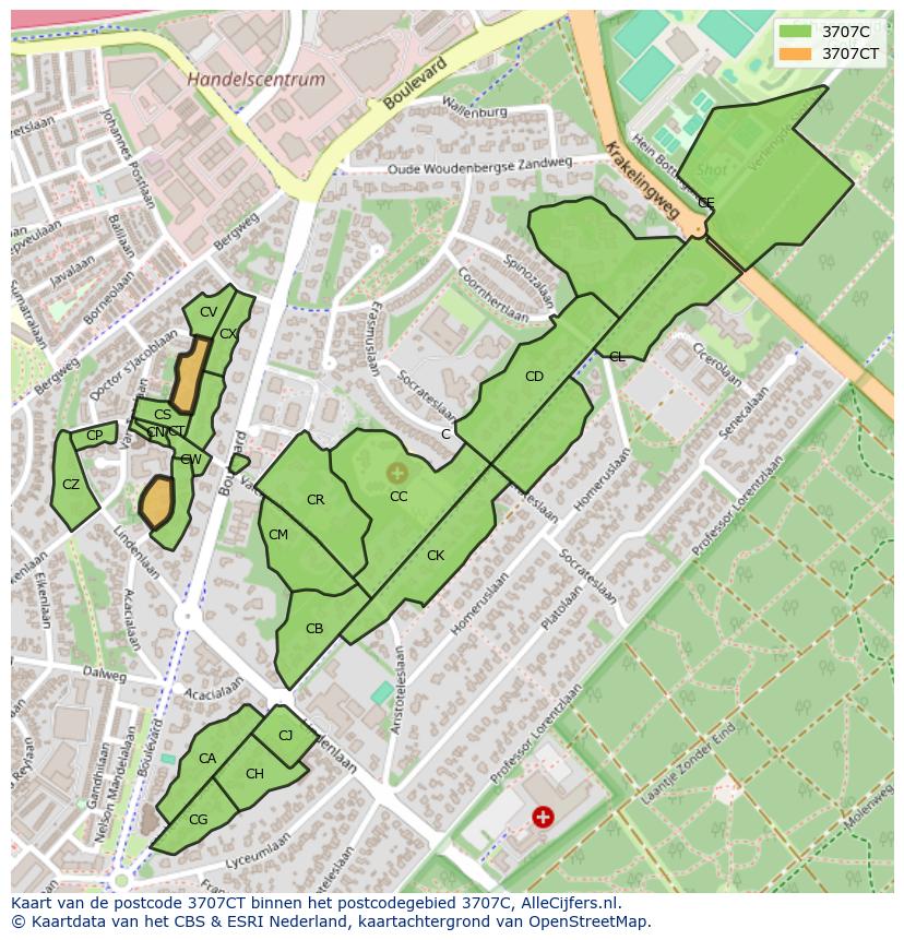 Afbeelding van het postcodegebied 3707 CT op de kaart.