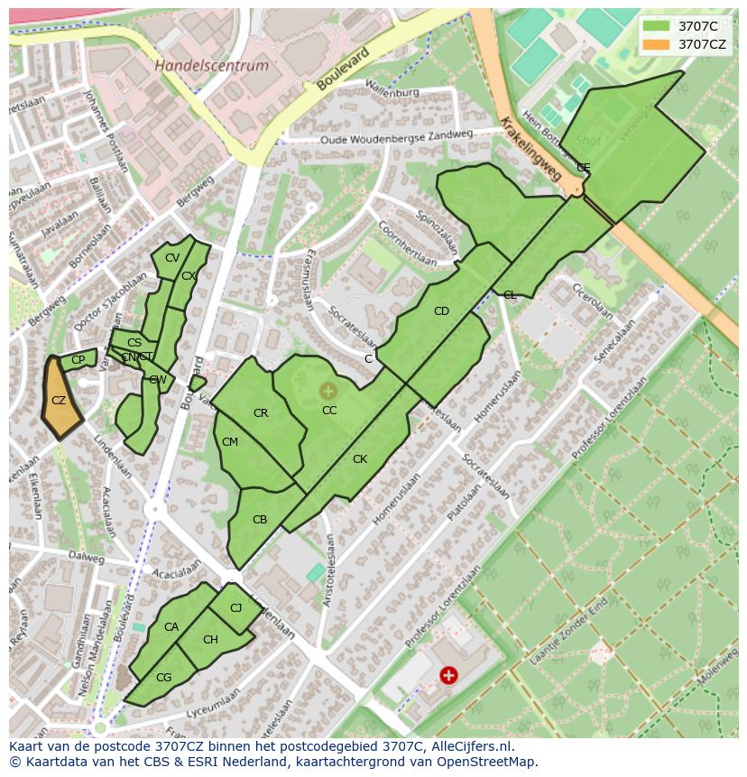 Afbeelding van het postcodegebied 3707 CZ op de kaart.