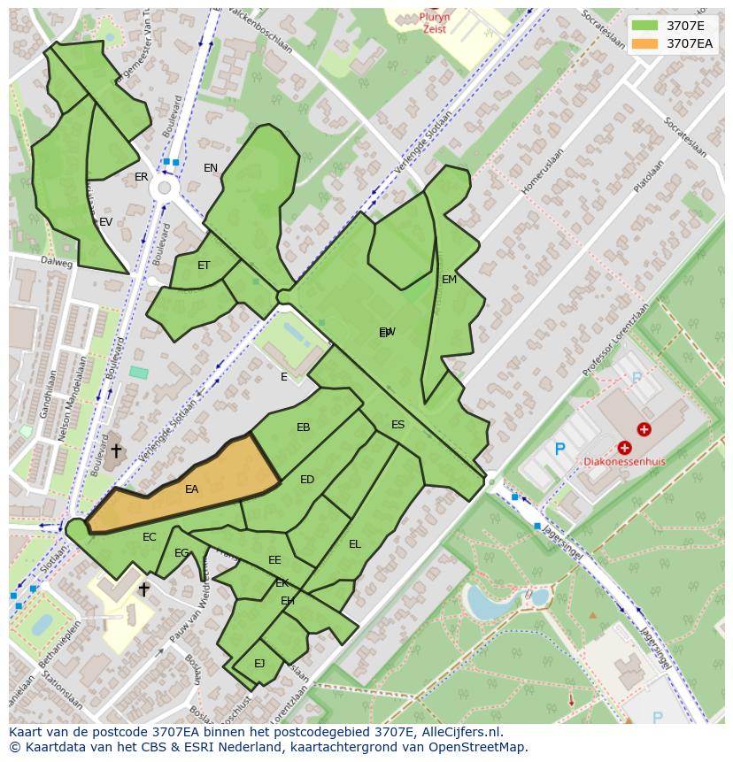 Afbeelding van het postcodegebied 3707 EA op de kaart.