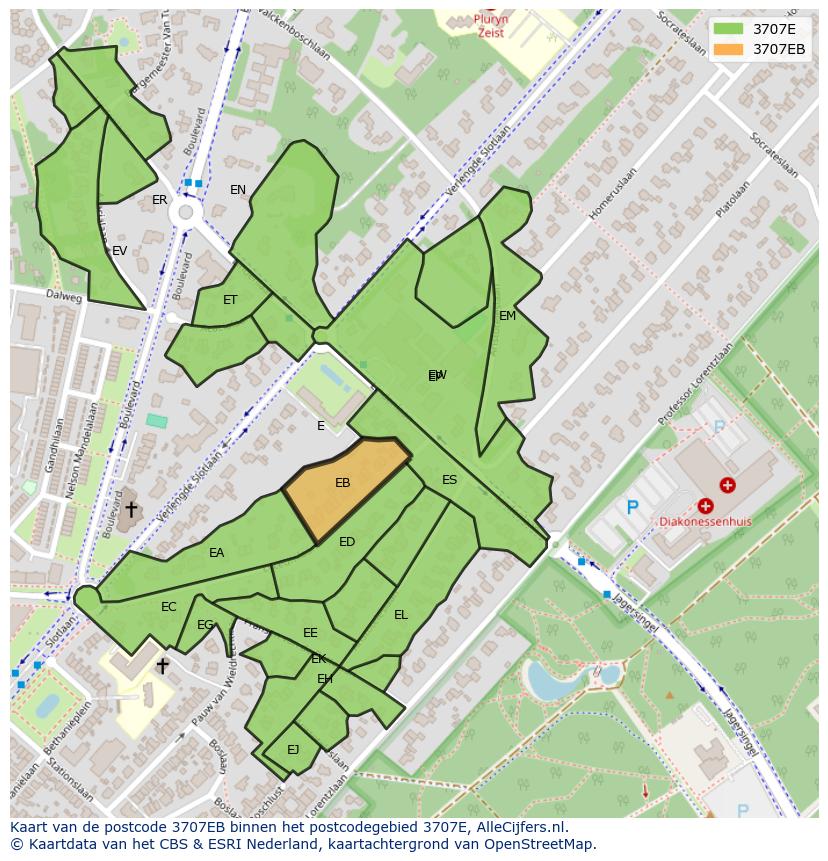 Afbeelding van het postcodegebied 3707 EB op de kaart.