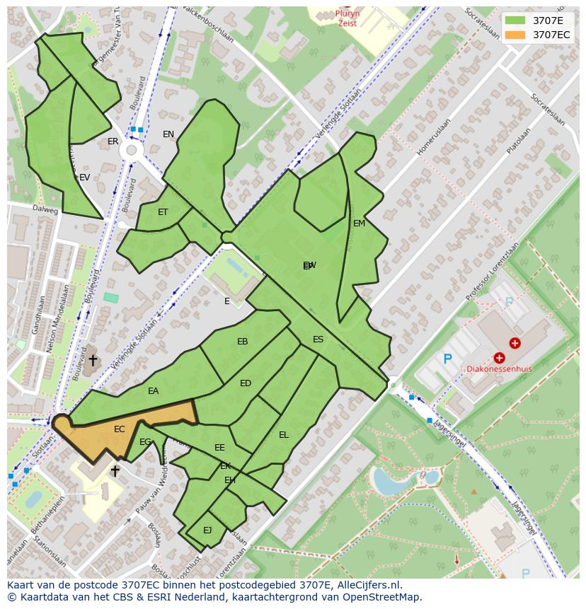 Afbeelding van het postcodegebied 3707 EC op de kaart.