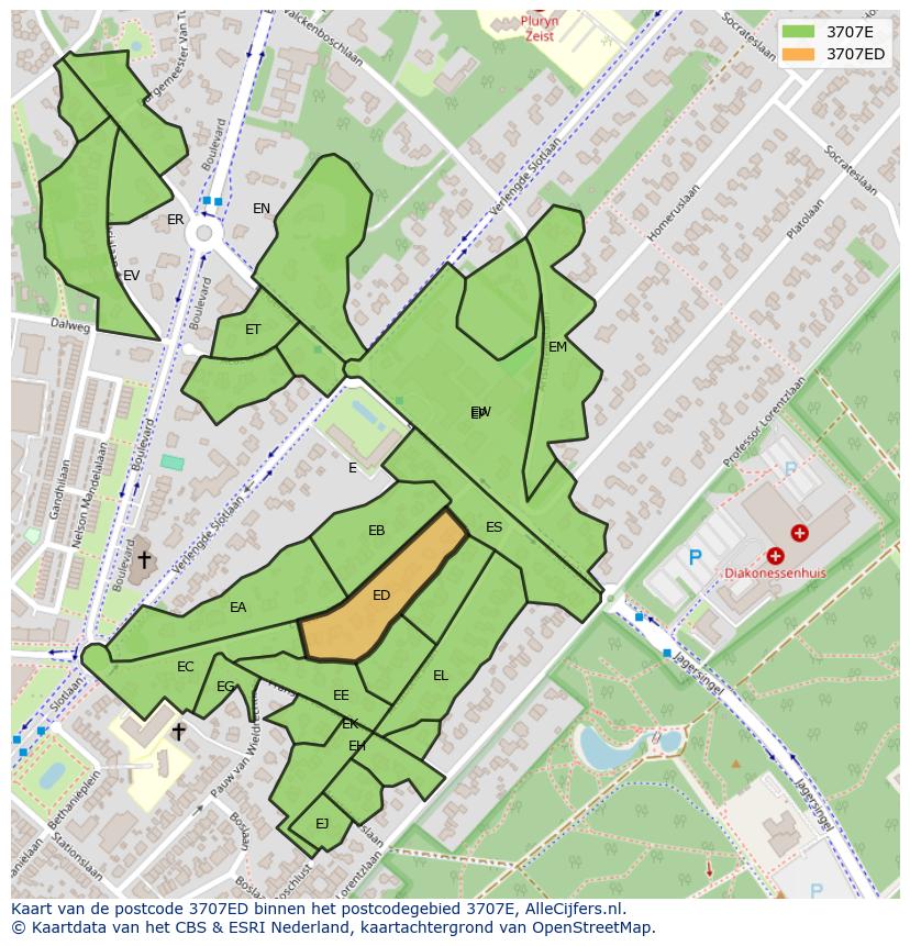 Afbeelding van het postcodegebied 3707 ED op de kaart.