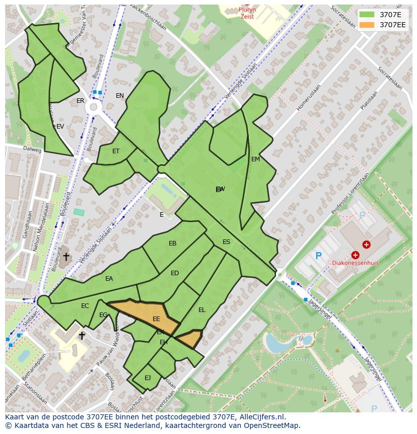 Afbeelding van het postcodegebied 3707 EE op de kaart.