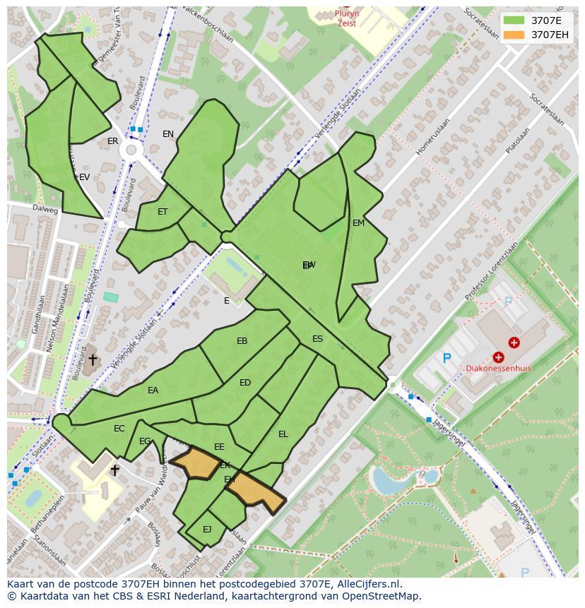 Afbeelding van het postcodegebied 3707 EH op de kaart.