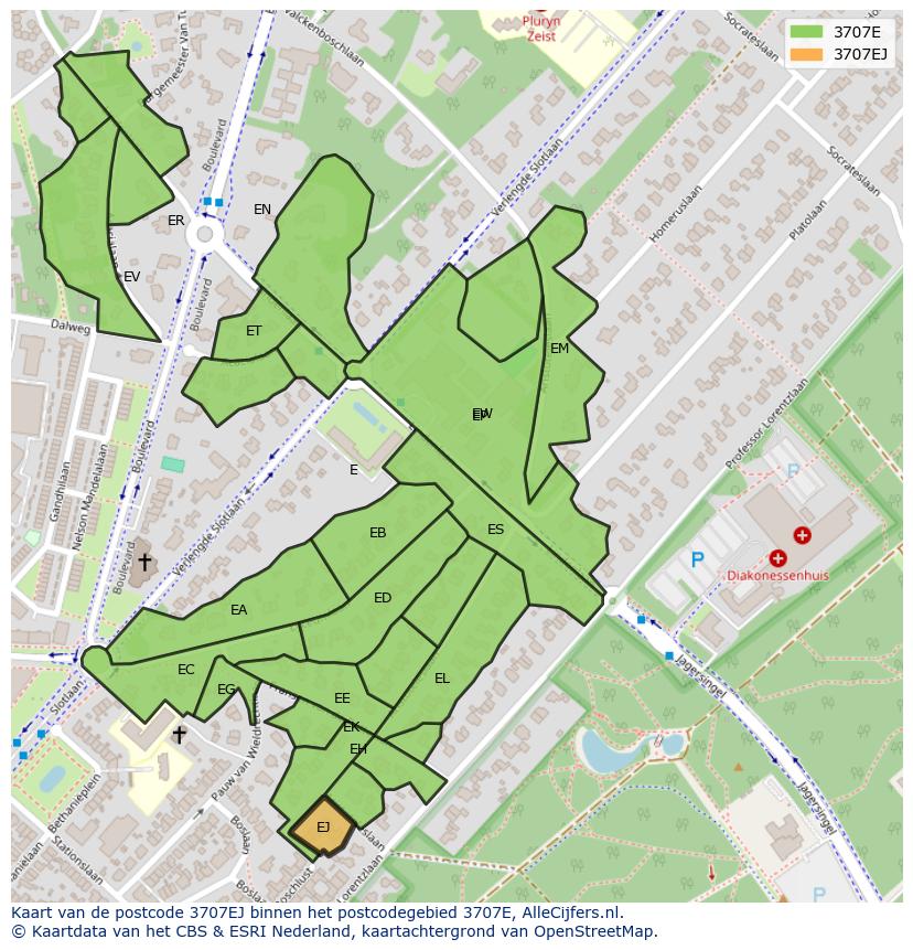 Afbeelding van het postcodegebied 3707 EJ op de kaart.