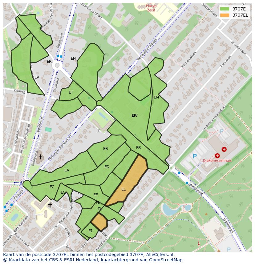 Afbeelding van het postcodegebied 3707 EL op de kaart.