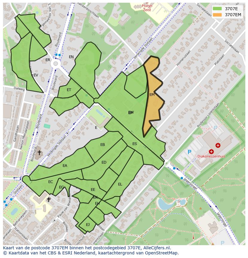 Afbeelding van het postcodegebied 3707 EM op de kaart.