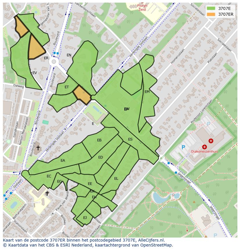 Afbeelding van het postcodegebied 3707 ER op de kaart.