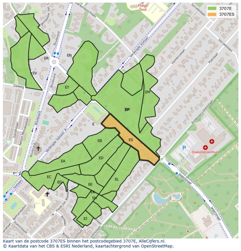 Afbeelding van het postcodegebied 3707 ES op de kaart.