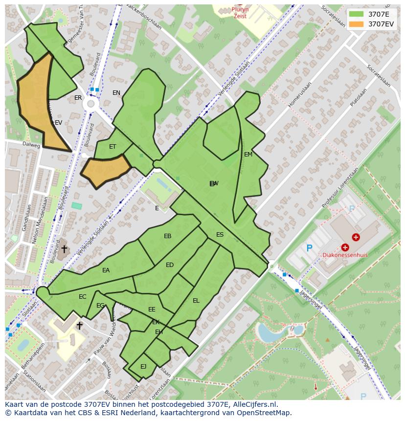Afbeelding van het postcodegebied 3707 EV op de kaart.