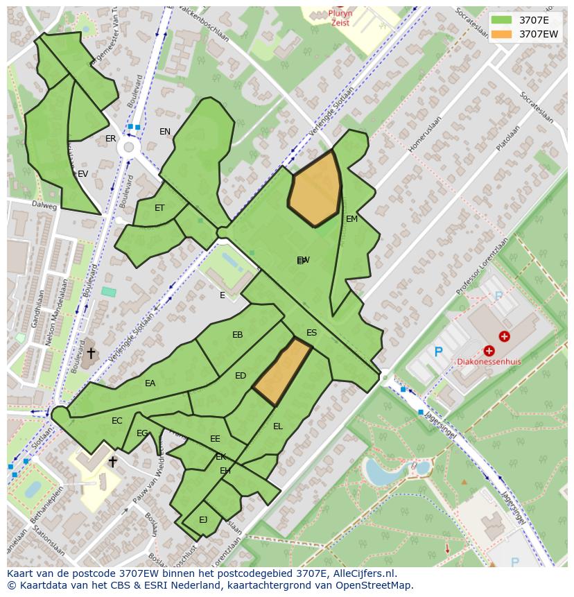 Afbeelding van het postcodegebied 3707 EW op de kaart.