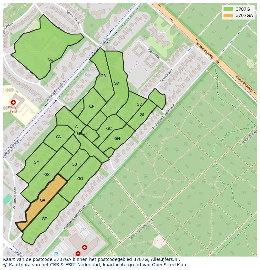Afbeelding van het postcodegebied 3707 GA op de kaart.