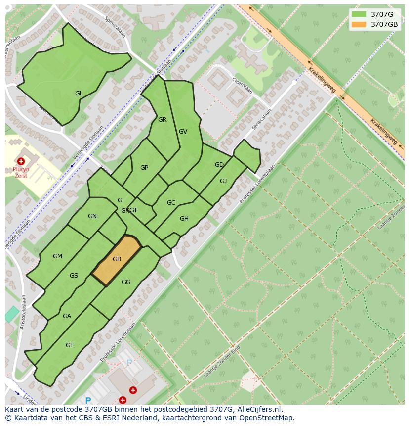 Afbeelding van het postcodegebied 3707 GB op de kaart.
