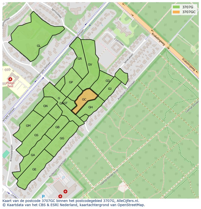 Afbeelding van het postcodegebied 3707 GC op de kaart.