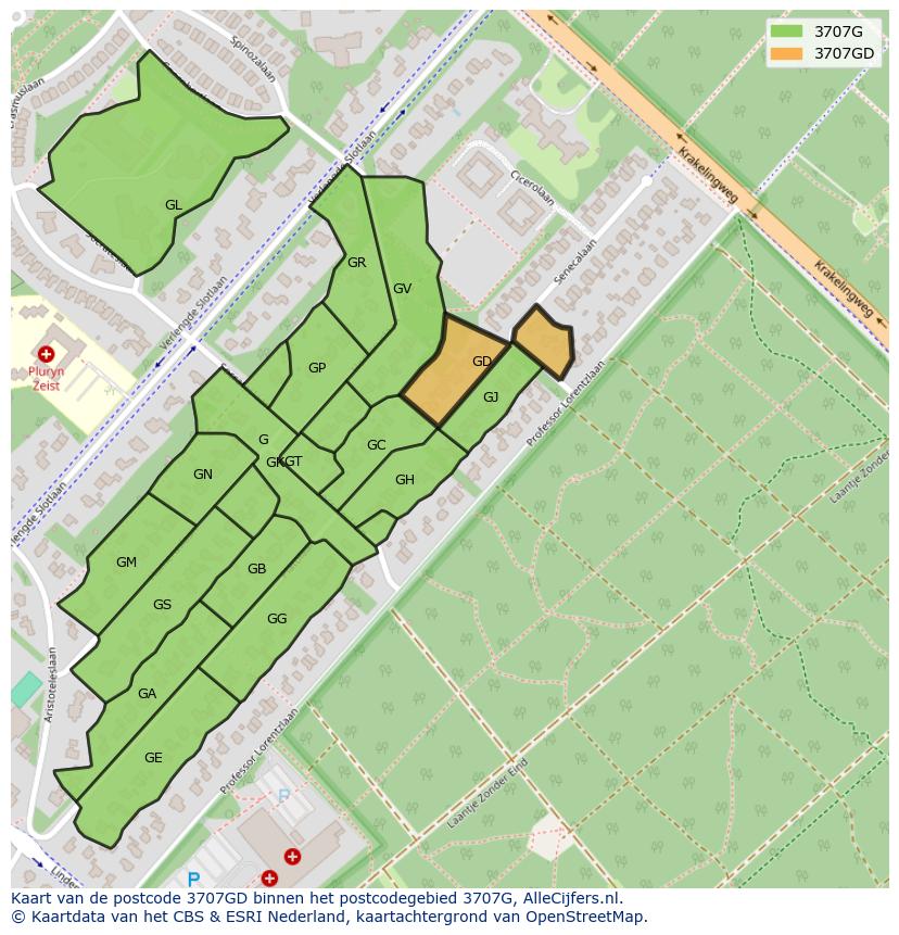 Afbeelding van het postcodegebied 3707 GD op de kaart.