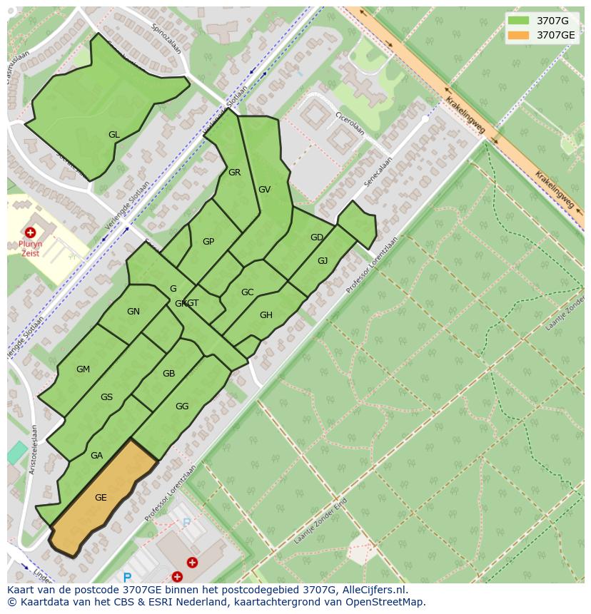 Afbeelding van het postcodegebied 3707 GE op de kaart.