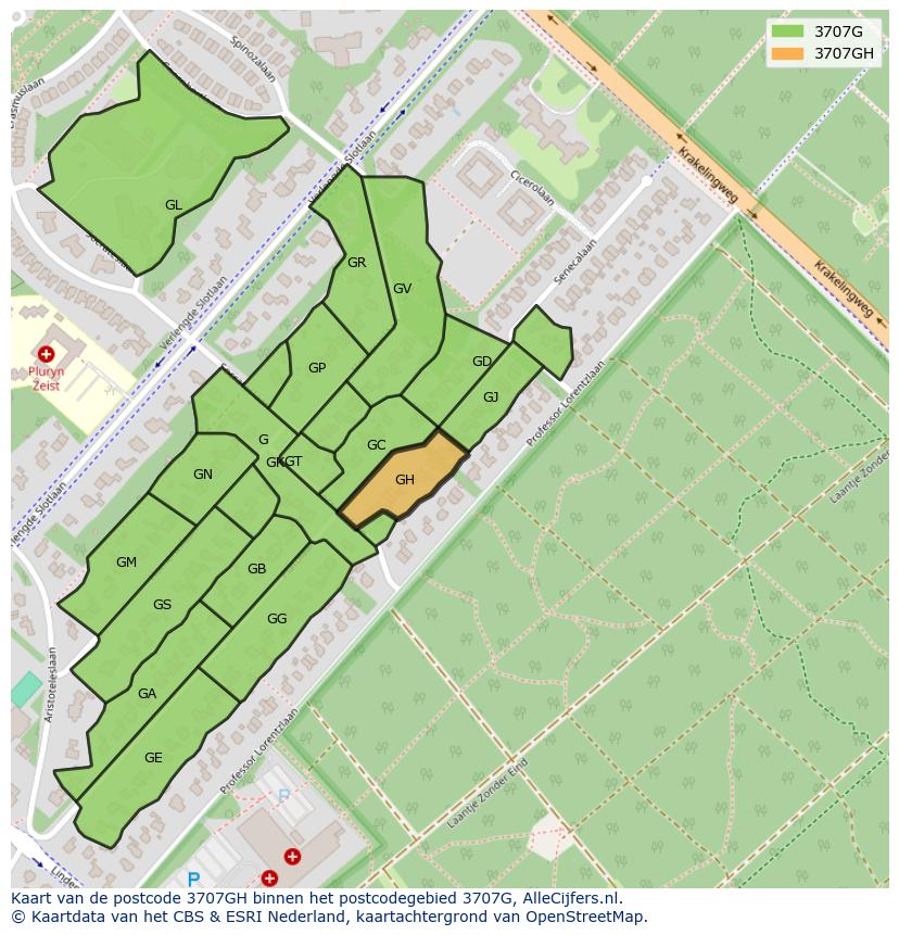 Afbeelding van het postcodegebied 3707 GH op de kaart.