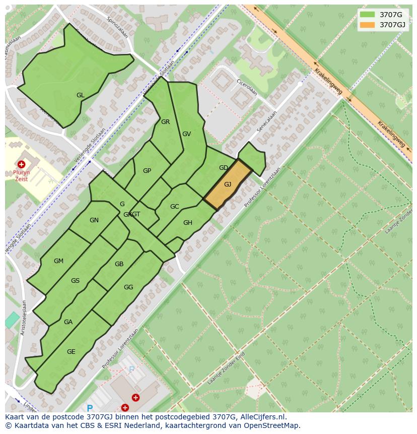 Afbeelding van het postcodegebied 3707 GJ op de kaart.