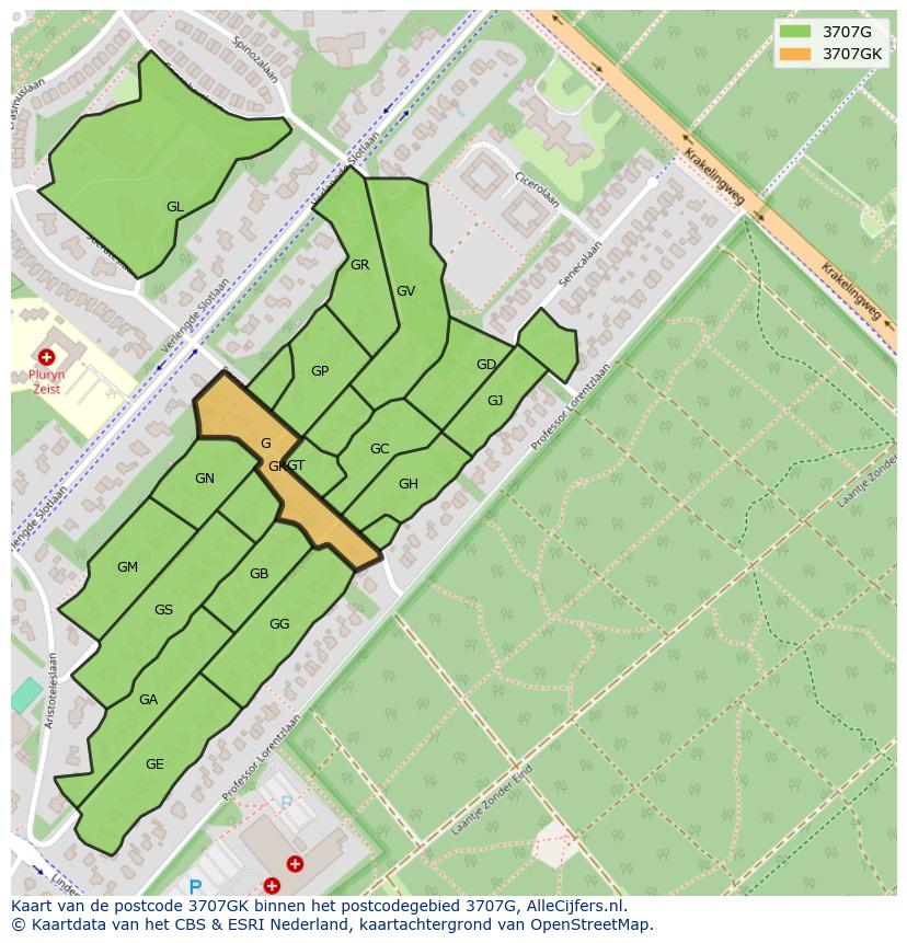 Afbeelding van het postcodegebied 3707 GK op de kaart.
