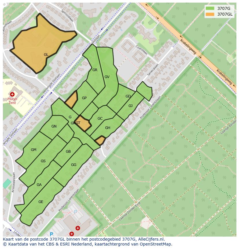 Afbeelding van het postcodegebied 3707 GL op de kaart.
