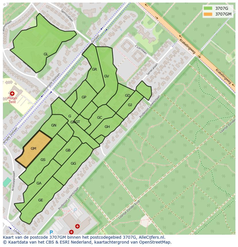 Afbeelding van het postcodegebied 3707 GM op de kaart.
