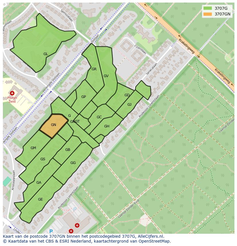 Afbeelding van het postcodegebied 3707 GN op de kaart.