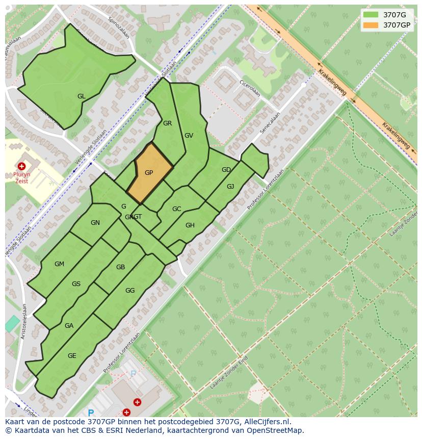 Afbeelding van het postcodegebied 3707 GP op de kaart.