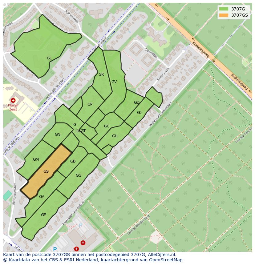 Afbeelding van het postcodegebied 3707 GS op de kaart.