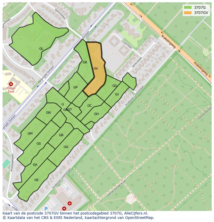 Afbeelding van het postcodegebied 3707 GV op de kaart.
