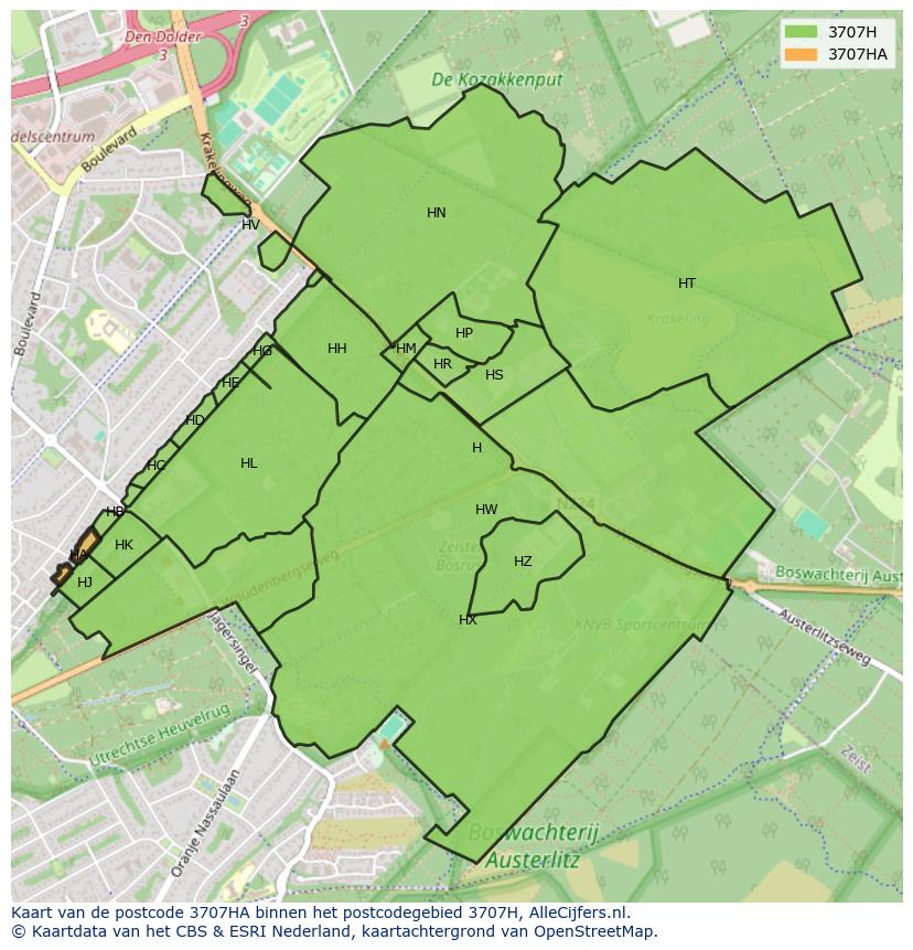 Afbeelding van het postcodegebied 3707 HA op de kaart.