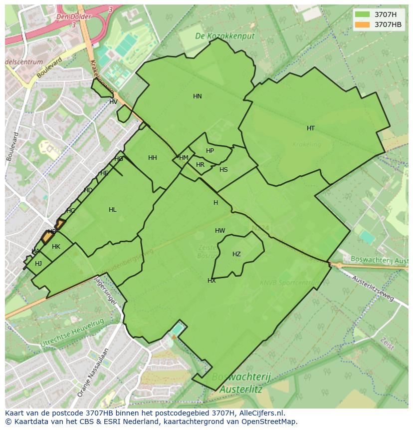 Afbeelding van het postcodegebied 3707 HB op de kaart.