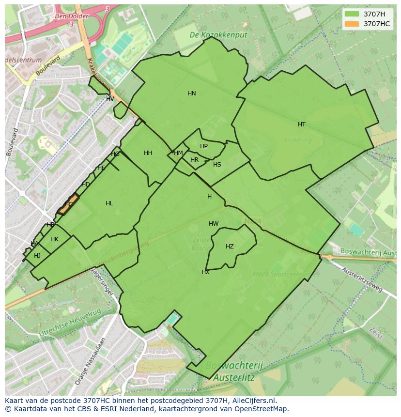 Afbeelding van het postcodegebied 3707 HC op de kaart.