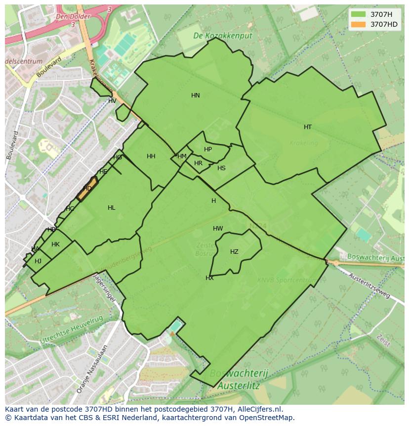 Afbeelding van het postcodegebied 3707 HD op de kaart.