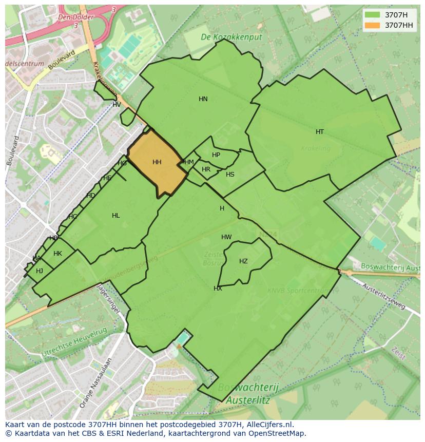 Afbeelding van het postcodegebied 3707 HH op de kaart.
