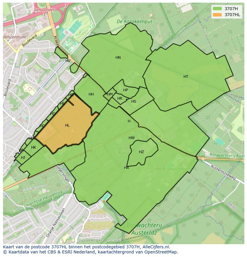 Afbeelding van het postcodegebied 3707 HL op de kaart.