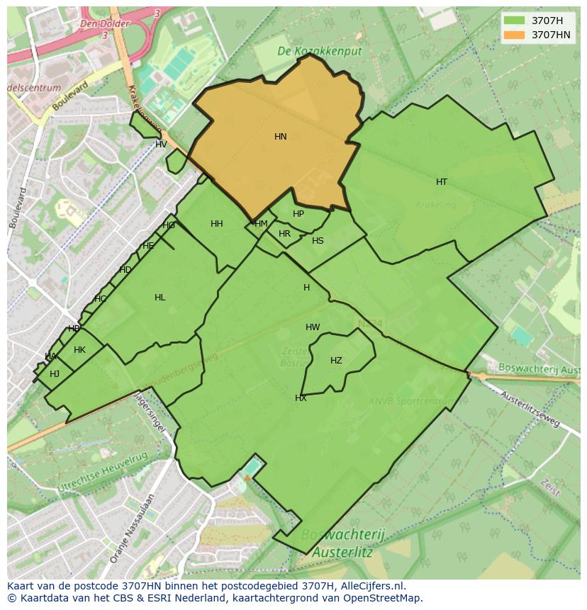 Afbeelding van het postcodegebied 3707 HN op de kaart.