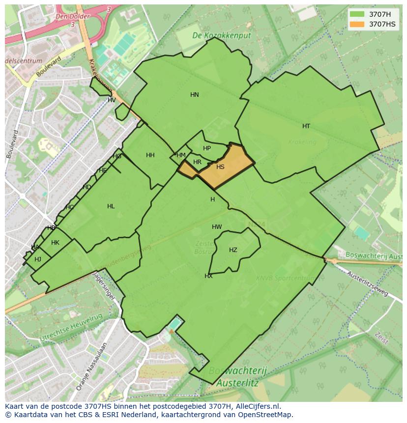 Afbeelding van het postcodegebied 3707 HS op de kaart.
