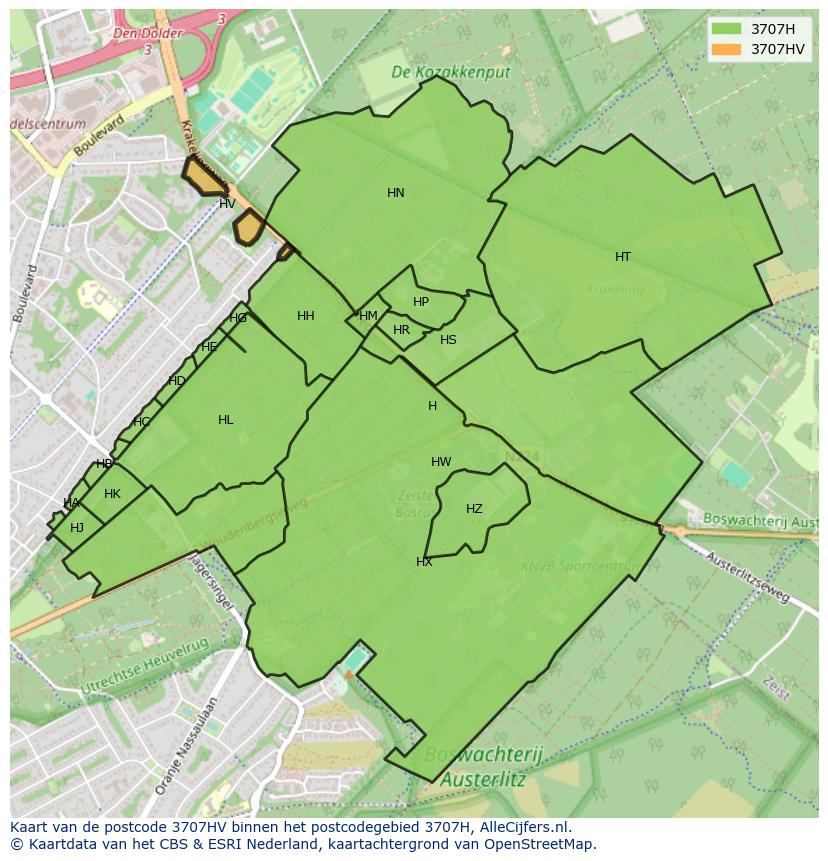 Afbeelding van het postcodegebied 3707 HV op de kaart.