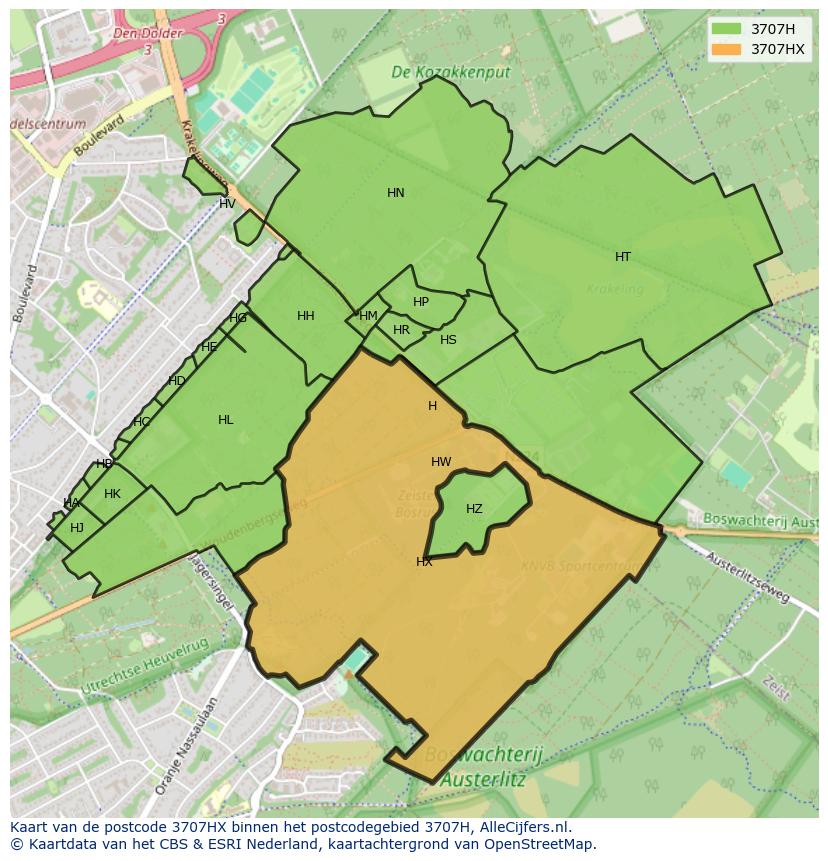 Afbeelding van het postcodegebied 3707 HX op de kaart.
