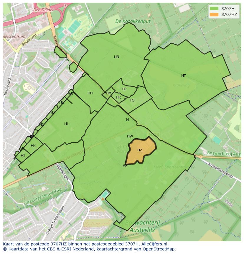 Afbeelding van het postcodegebied 3707 HZ op de kaart.