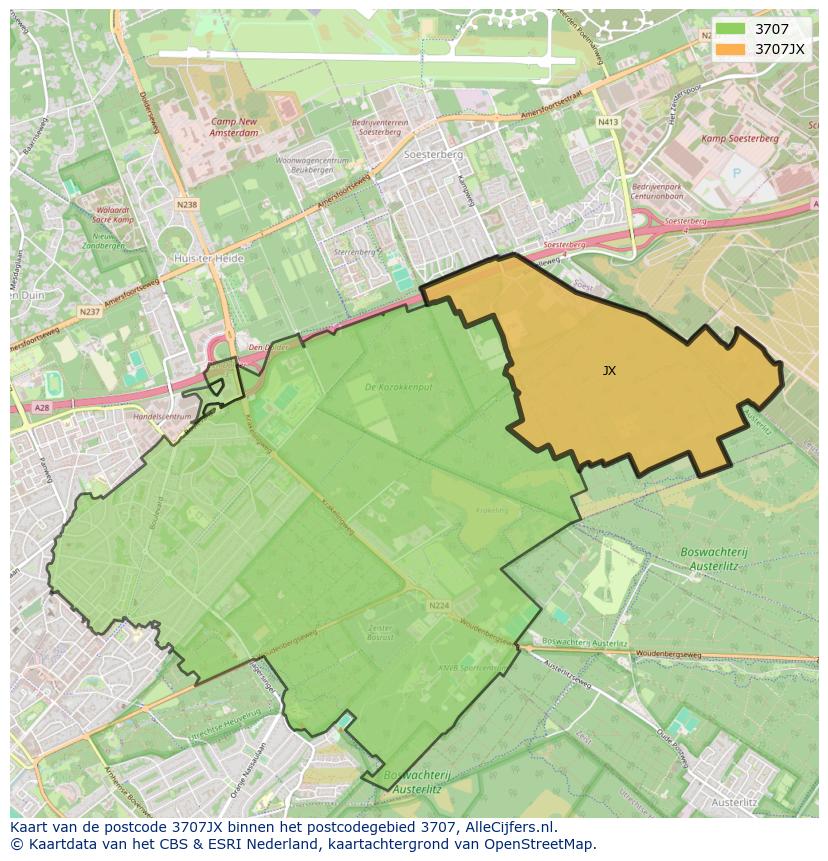 Afbeelding van het postcodegebied 3707 JX op de kaart.