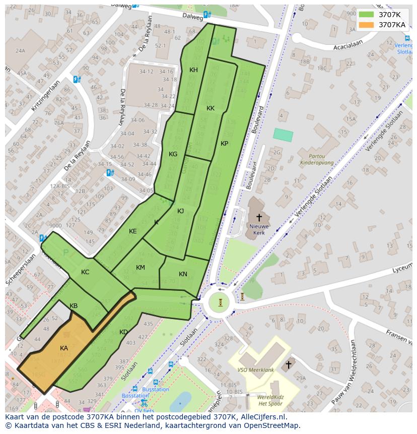 Afbeelding van het postcodegebied 3707 KA op de kaart.