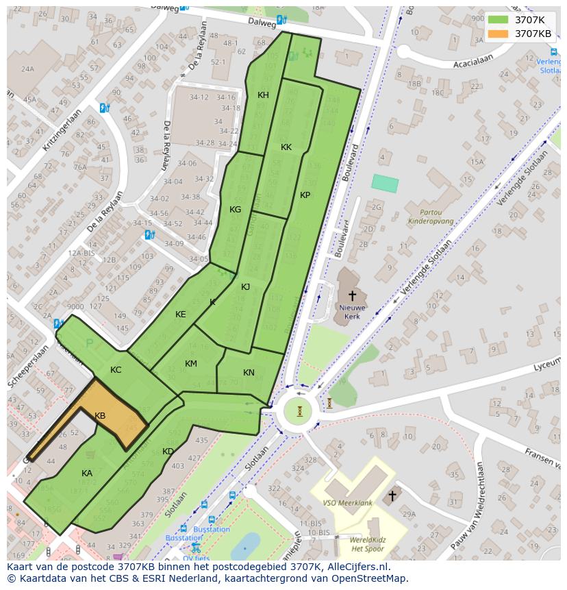 Afbeelding van het postcodegebied 3707 KB op de kaart.