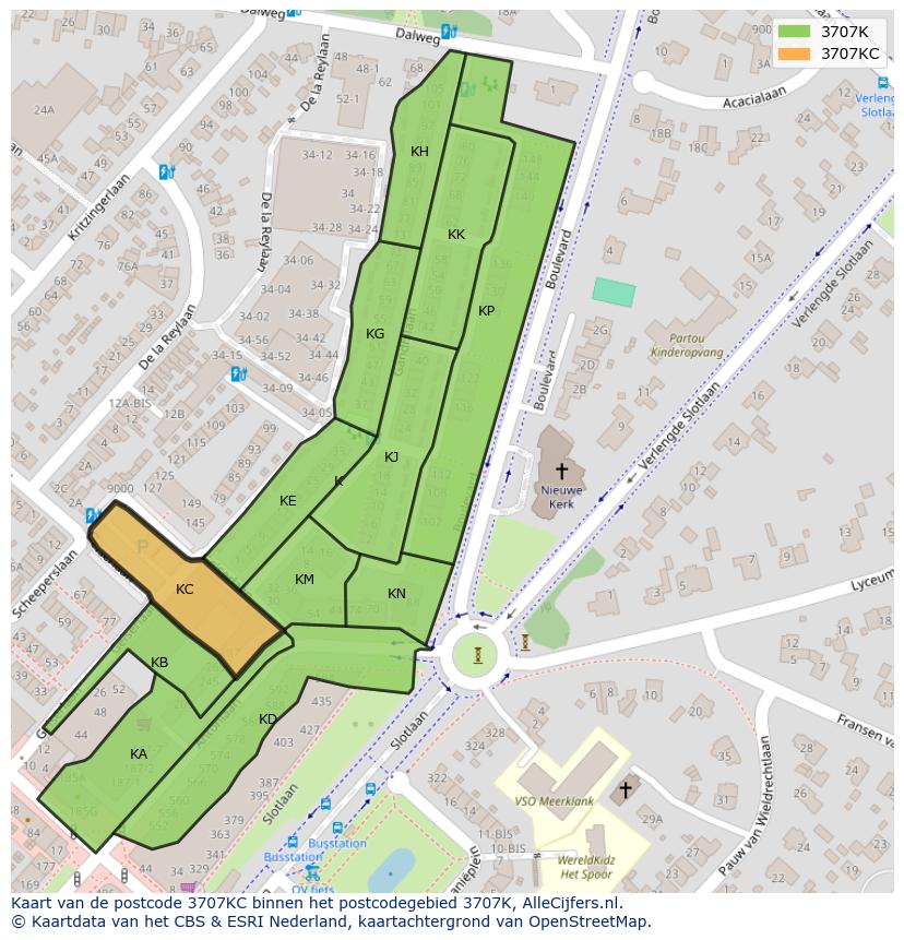 Afbeelding van het postcodegebied 3707 KC op de kaart.