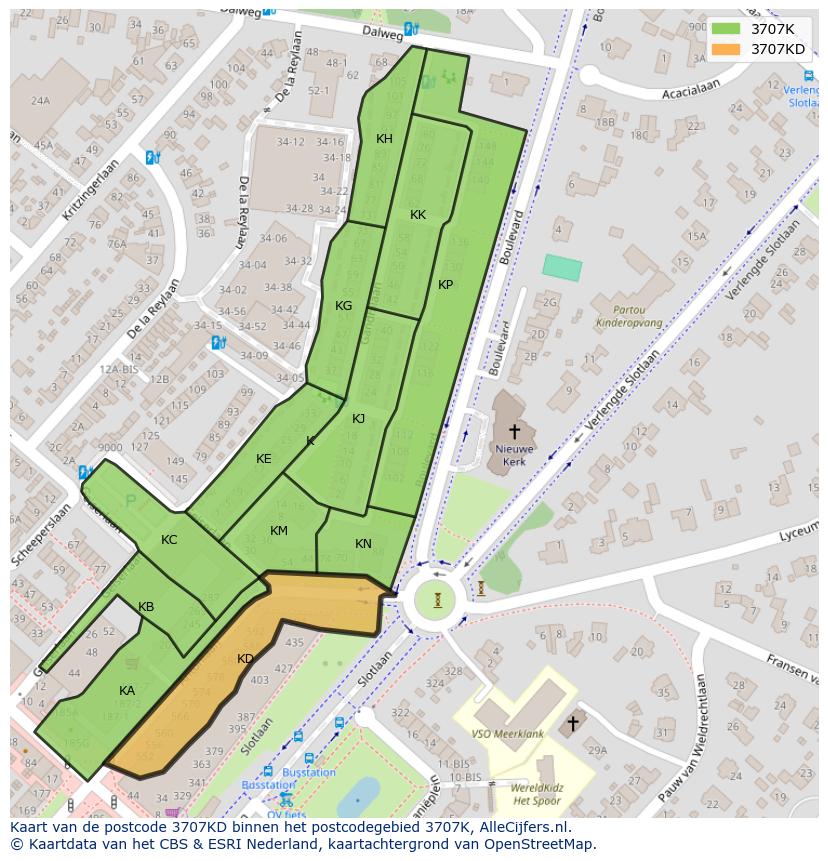 Afbeelding van het postcodegebied 3707 KD op de kaart.